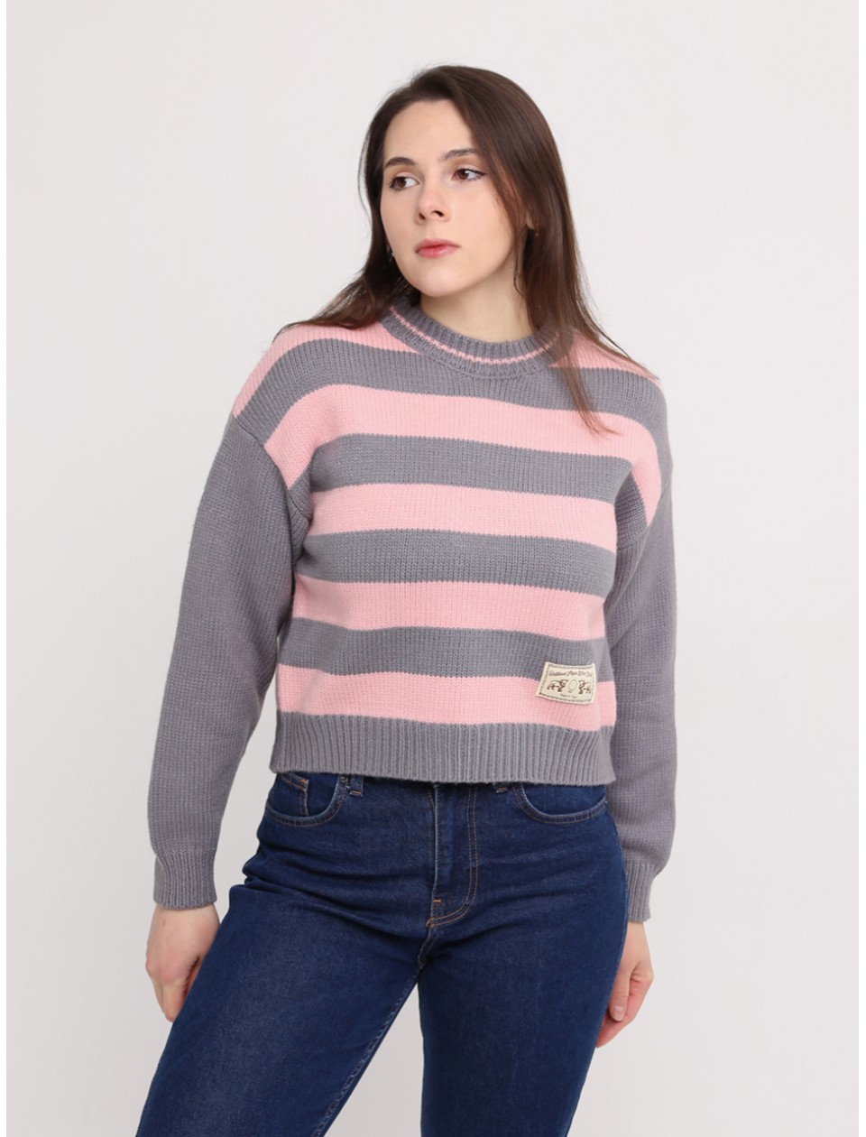 Светр жіночий рожевий з сірим укорочений в смужку 312-11-1