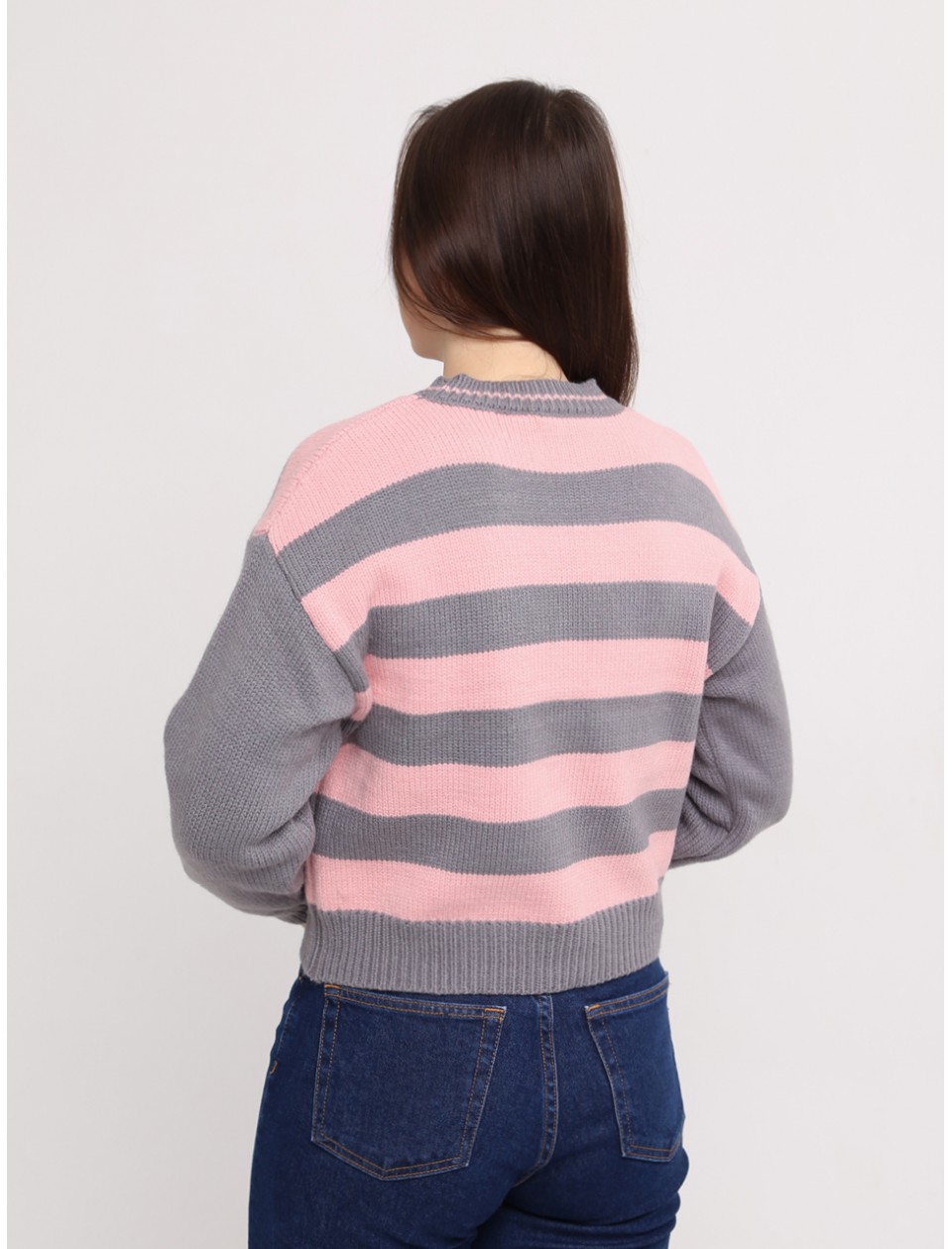 Светр жіночий рожевий з сірим укорочений в смужку 312-11-1