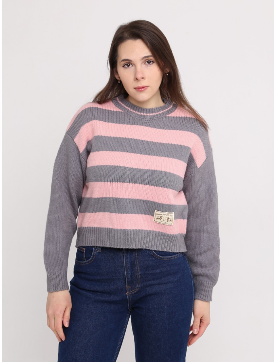 Светр жіночий рожевий з сірим укорочений в смужку 312-11-1