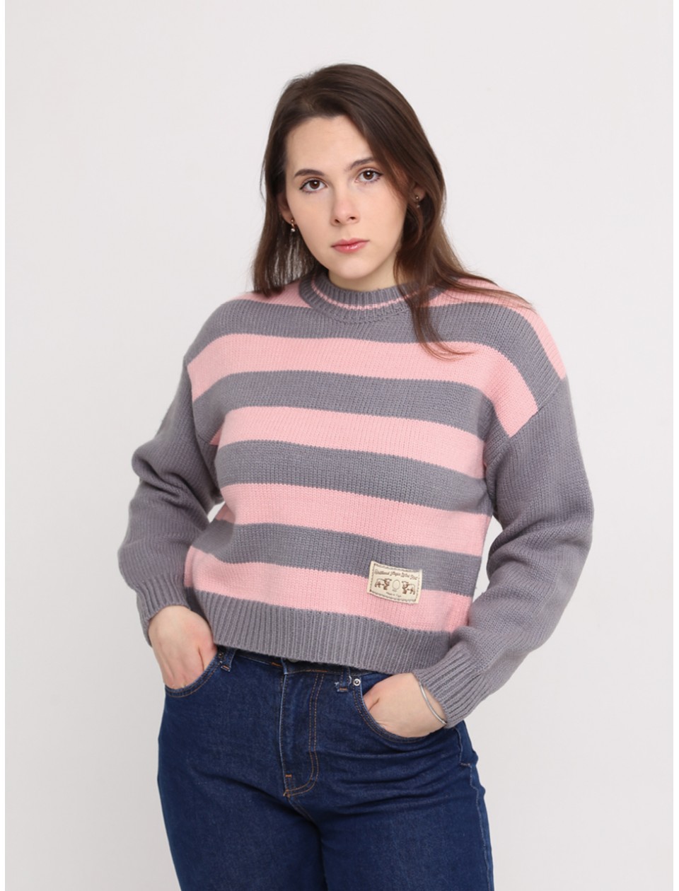 Светр жіночий рожевий з сірим укорочений в смужку 312-11-1