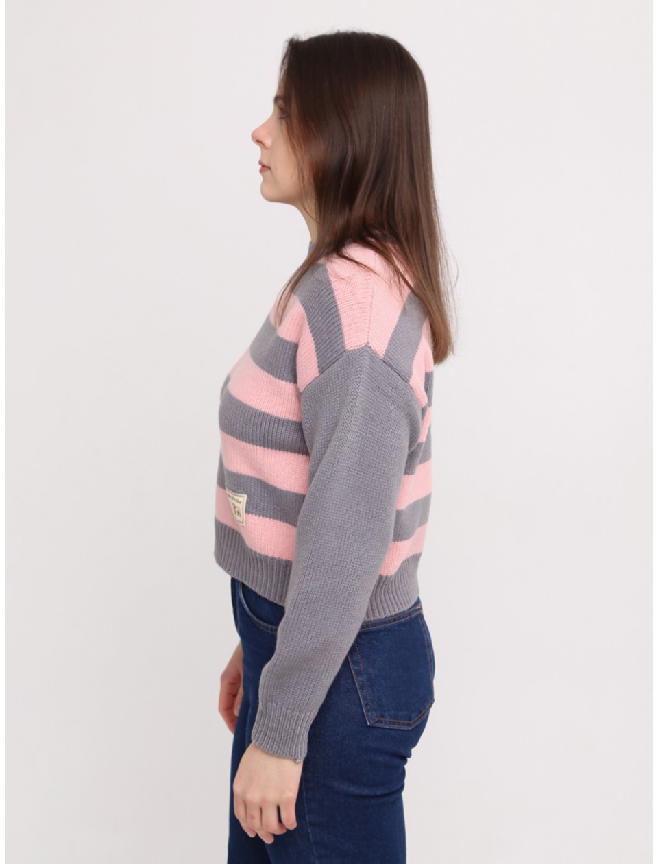 Светр жіночий рожевий з сірим укорочений в смужку 312-11-1