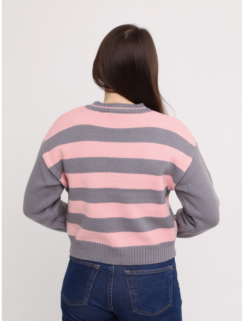Светр жіночий рожевий з сірим укорочений в смужку 312-11-1