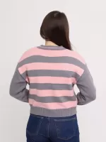 Светр жіночий рожевий з сірим укорочений в смужку 312-11-1