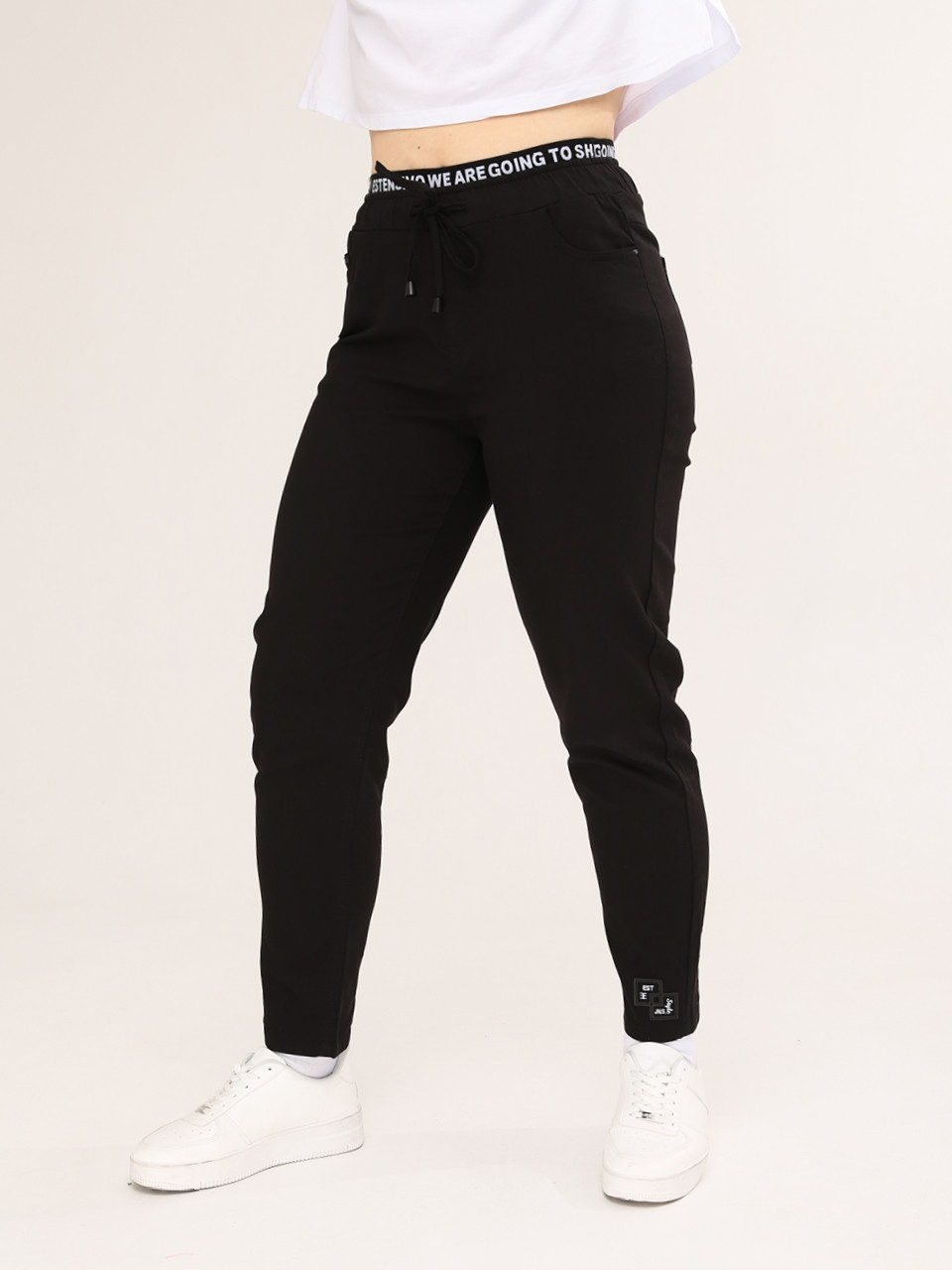 Брюки женские черные МОМ тонкие пояс на кулиске большой размер  1303-В-1