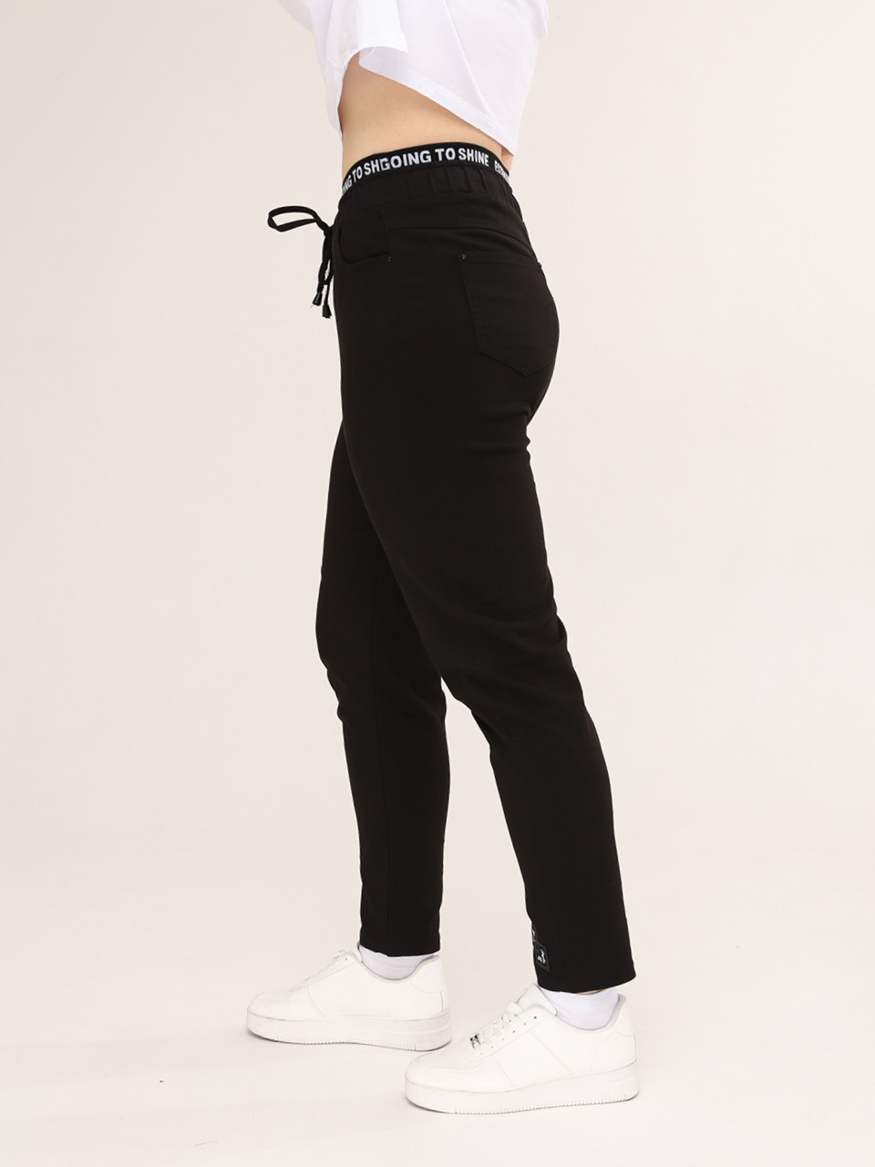 Брюки женские черные МОМ тонкие пояс на кулиске большой размер  1303-В-1