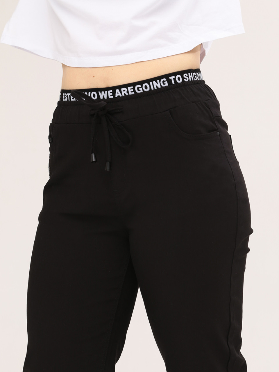 Брюки женские черные МОМ тонкие пояс на кулиске большой размер  1303-В-1