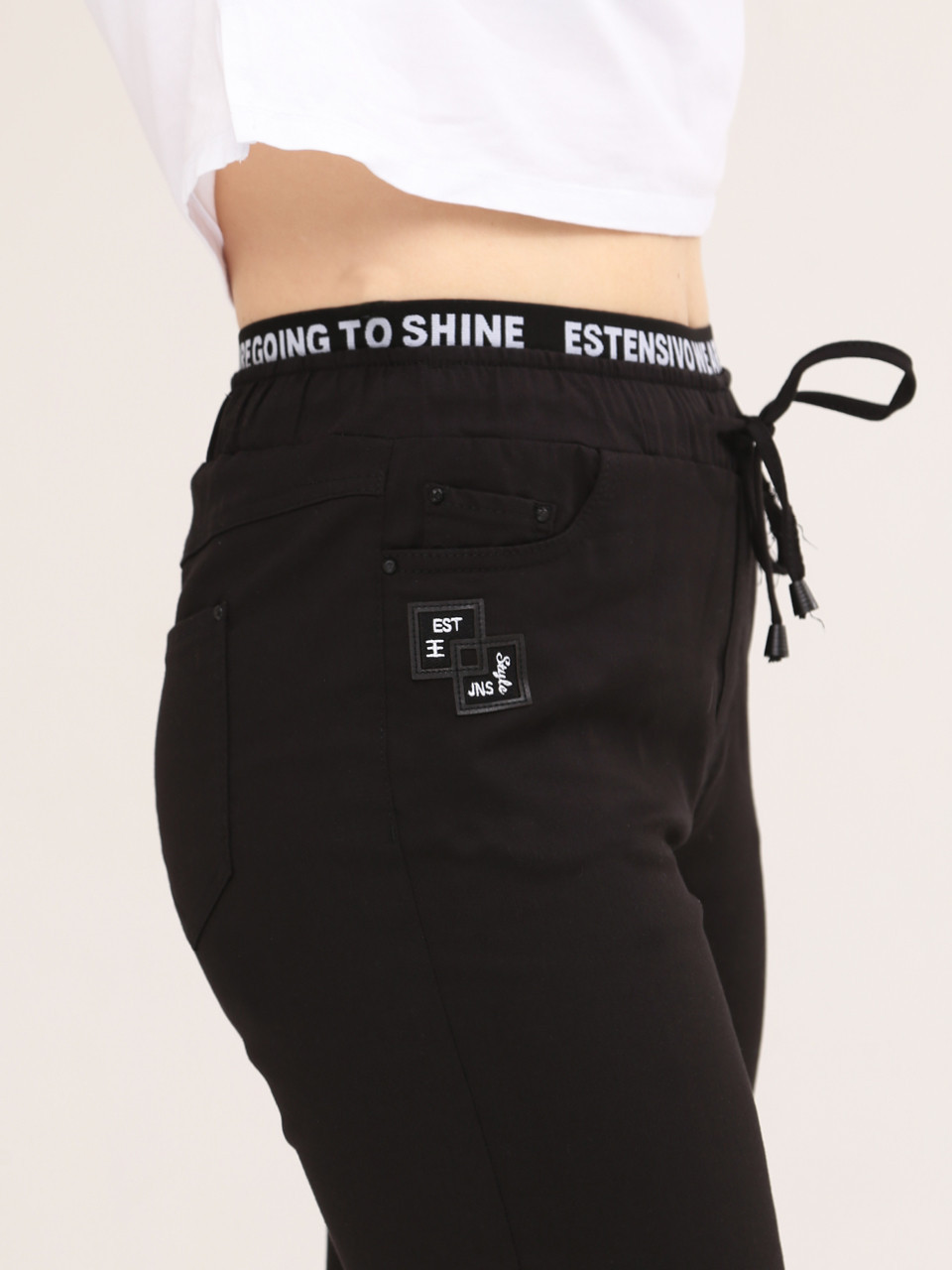 Брюки женские черные МОМ тонкие пояс на кулиске большой размер  1303-В-1