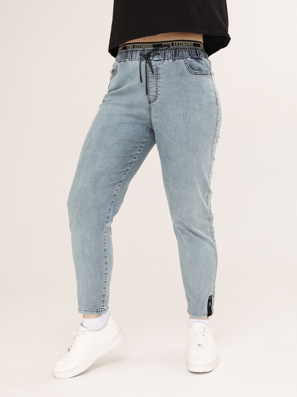 Джинсы женские синие с зеленым МОМ летние пояс на резинке  1263