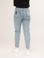 Джинсы женские синие с зеленым МОМ летние пояс на резинке  1263