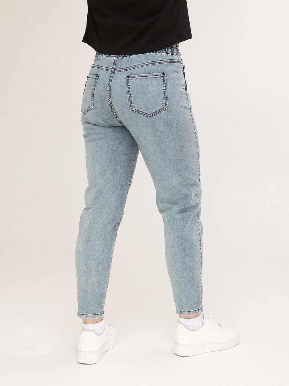 Джинсы женские синие с зеленым МОМ летние пояс на резинке  1263