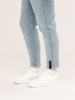 Джинсы женские синие с зеленым МОМ летние пояс на резинке  1263