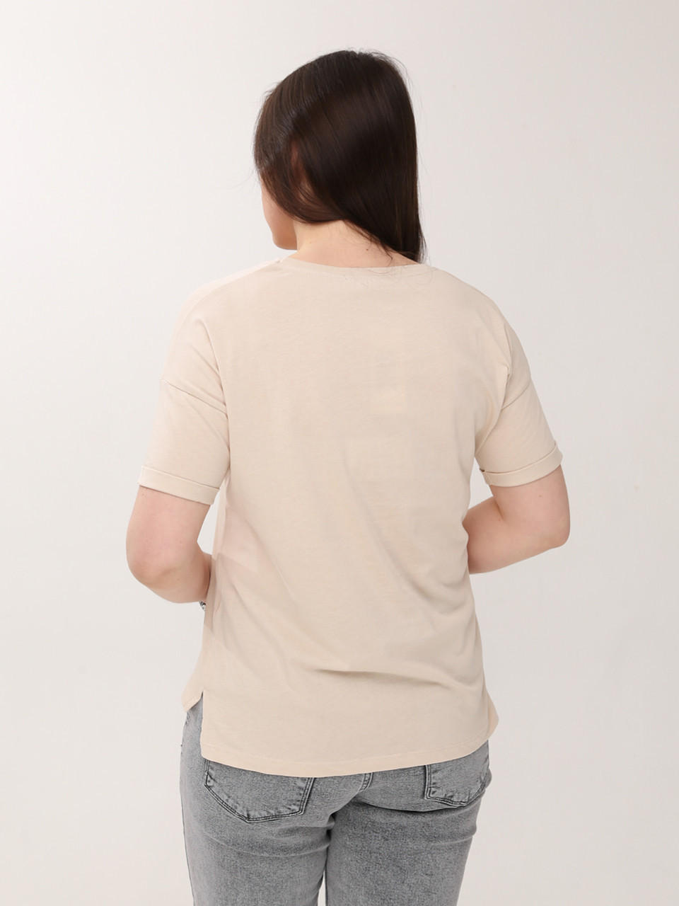 Футболка женская бежевая прямая с принтом  719028-1