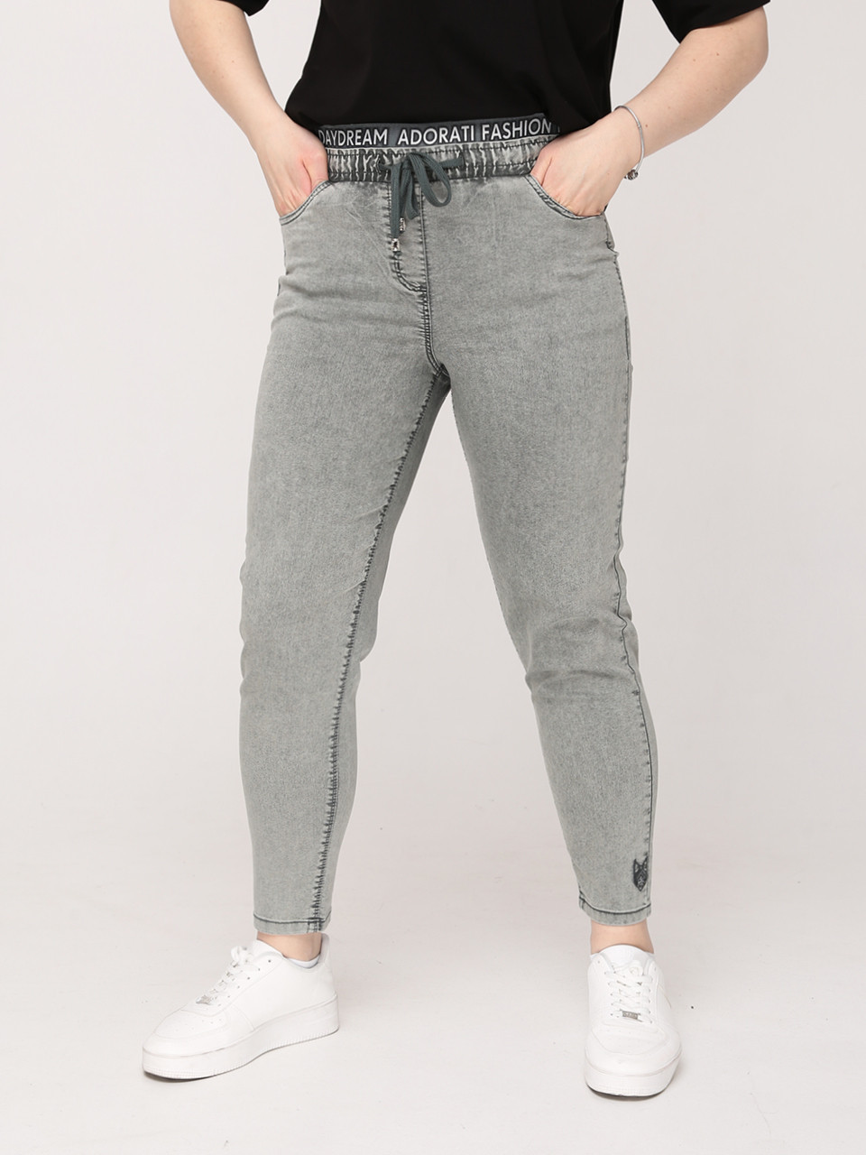 Джинсы женские оливковые МОМ летние на кулиске большой размер  7444-В-2