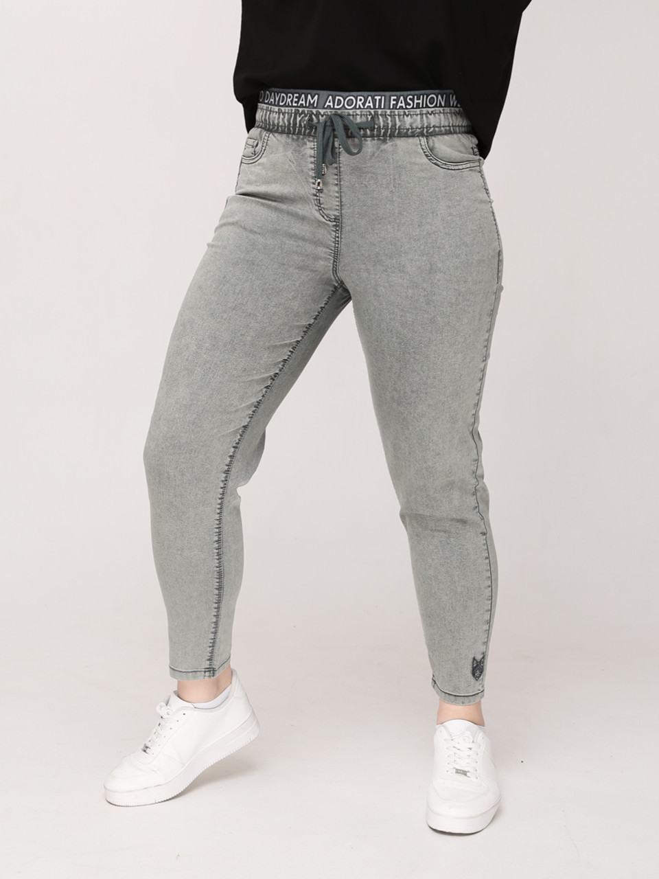 Джинсы женские оливковые МОМ летние на кулиске большой размер  7444-В-2