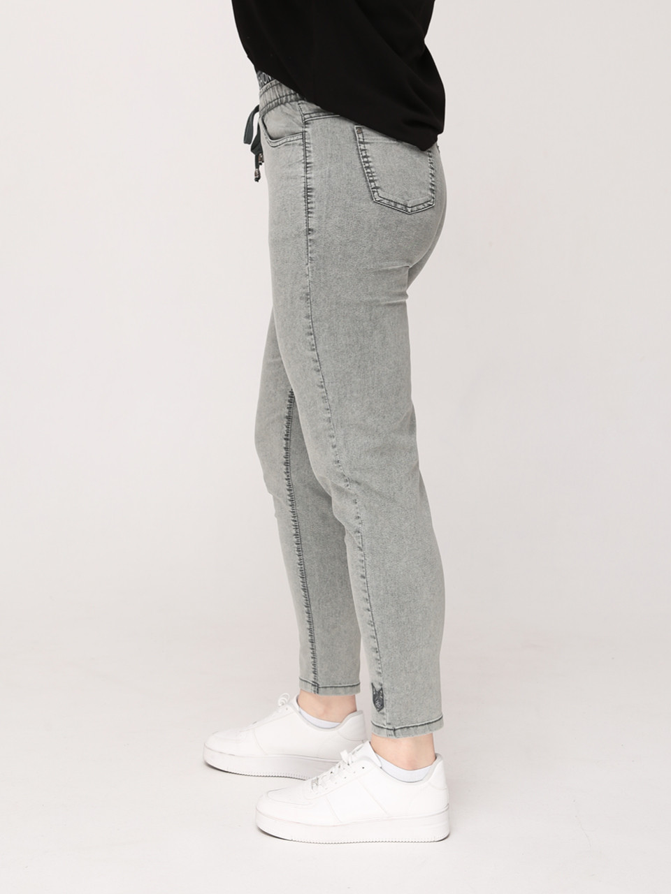 Джинсы женские оливковые МОМ летние на кулиске большой размер  7444-В-2