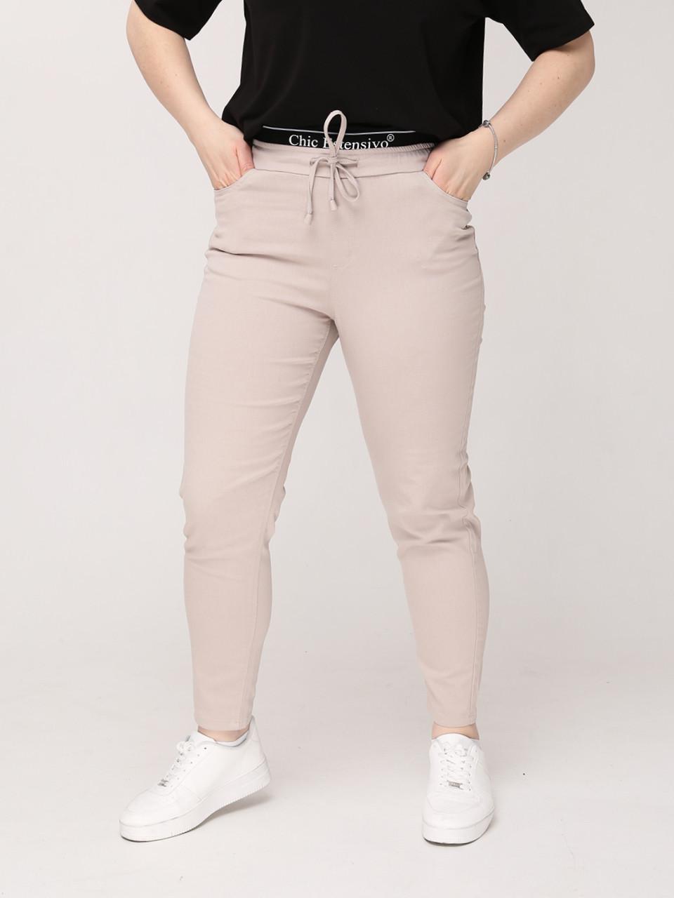 Брюки женские бежевые МОМ тонкие на кулиске большой размер  1313-В-1