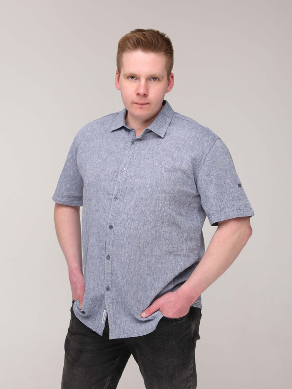 Рубашка мужская светло-синяя льняная короткий рукав  2403-1