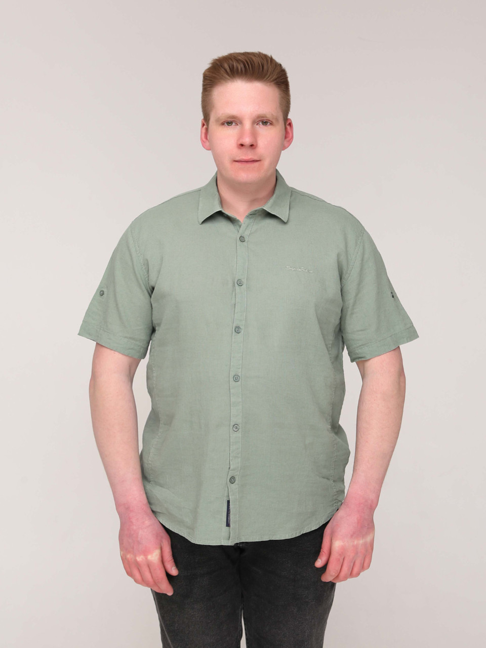 Рубашка мужская зеленая льняная короткий рукав  2403-2