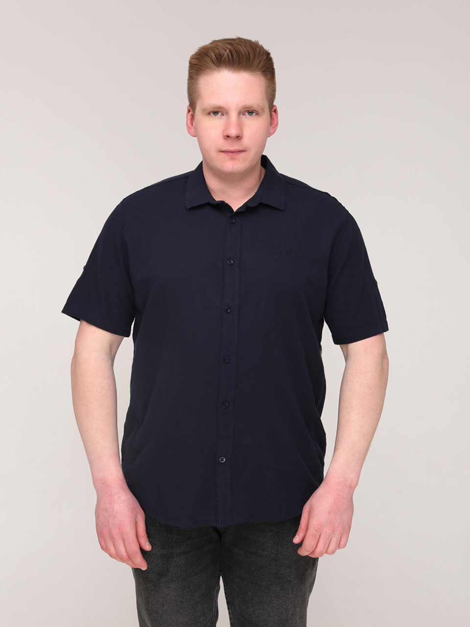 Сорочка чоловіча темно-синя тонка лляна короткий рукав 6508-1