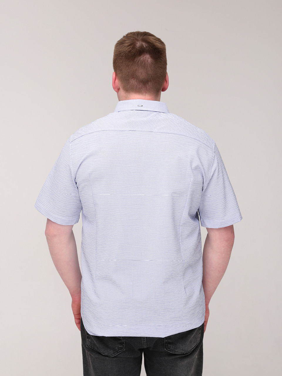 Сорочка чоловіча біла в блакитну клітку короткий рукав стрейчева 6515-1