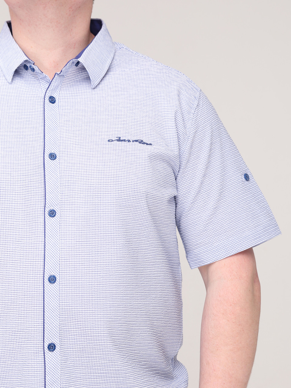 Сорочка чоловіча біла в блакитну клітку короткий рукав стрейчева 6515-1