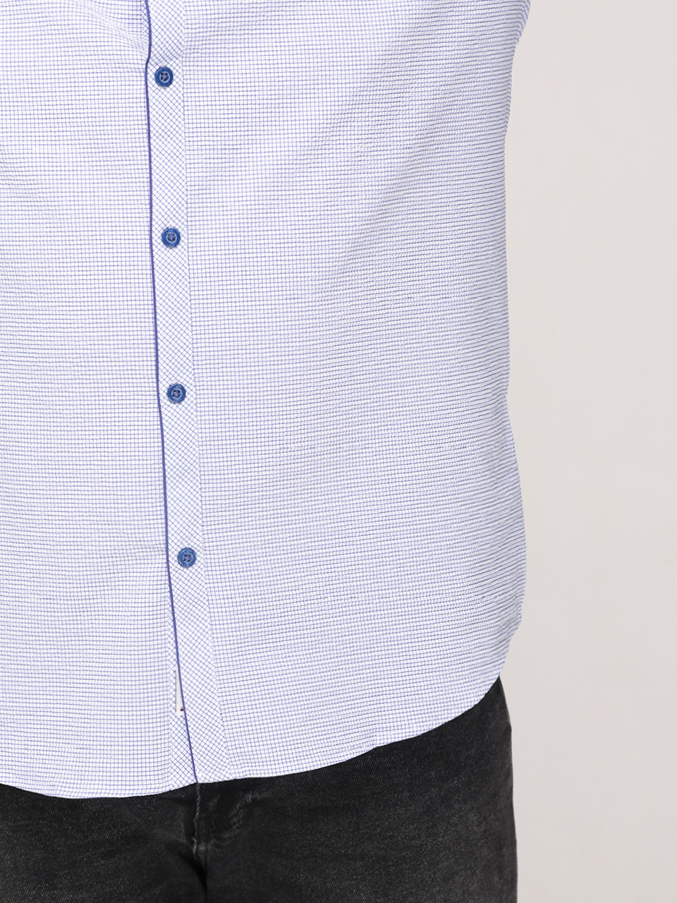 Сорочка чоловіча біла в блакитну клітку короткий рукав стрейчева 6515-1