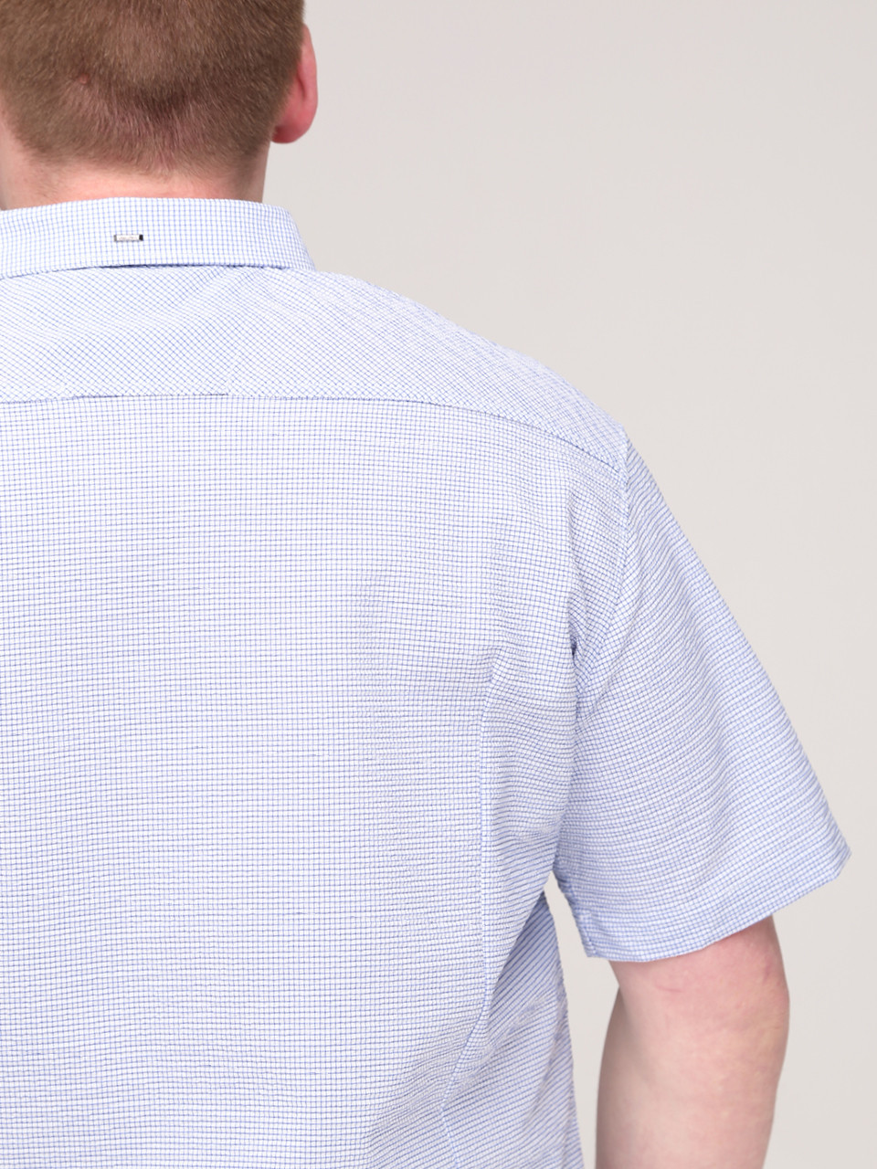 Сорочка чоловіча біла в блакитну клітку короткий рукав стрейчева 6515-1