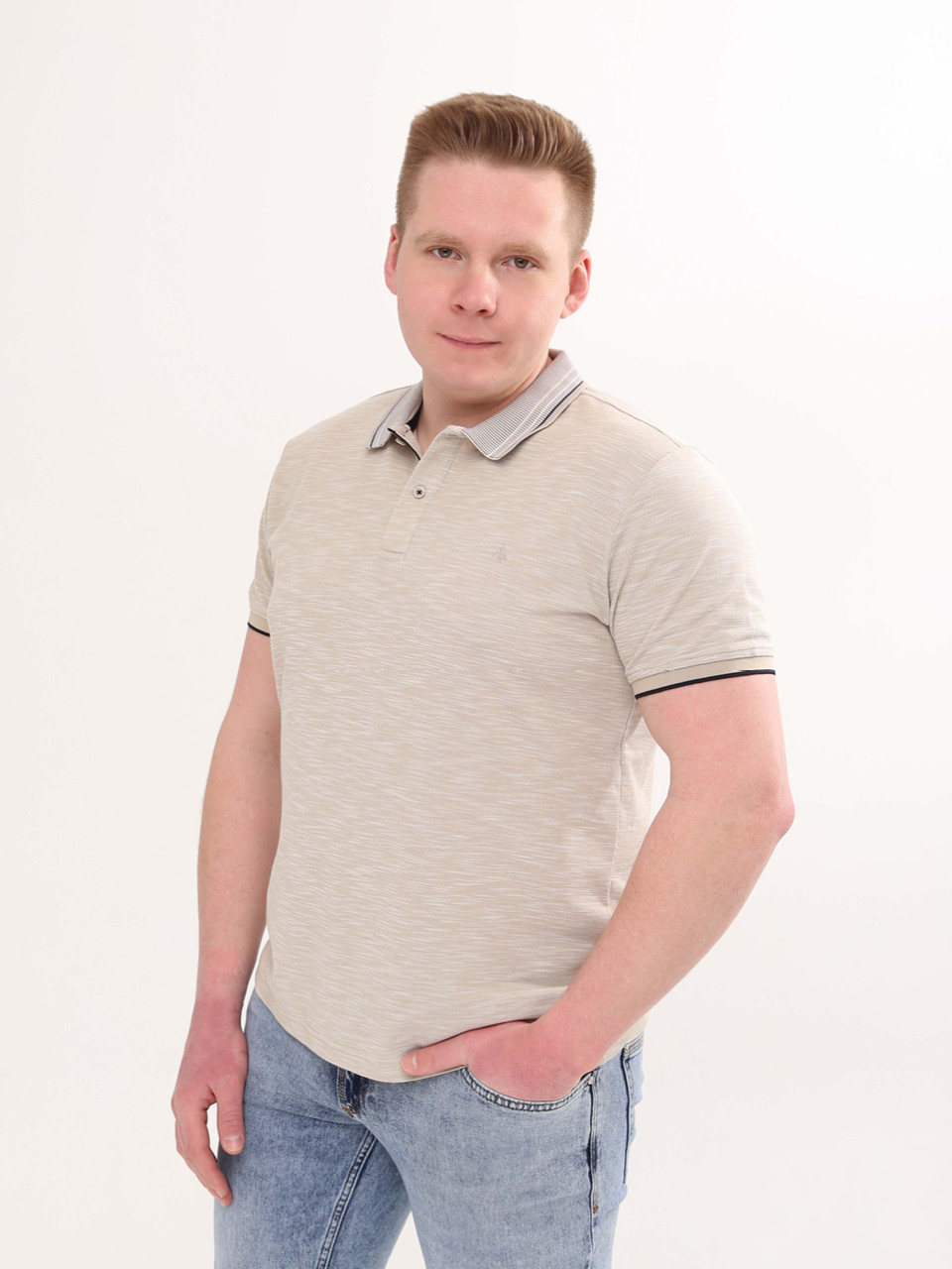 Поло мужское бежевое меланж короткий рукав  9401-4-22