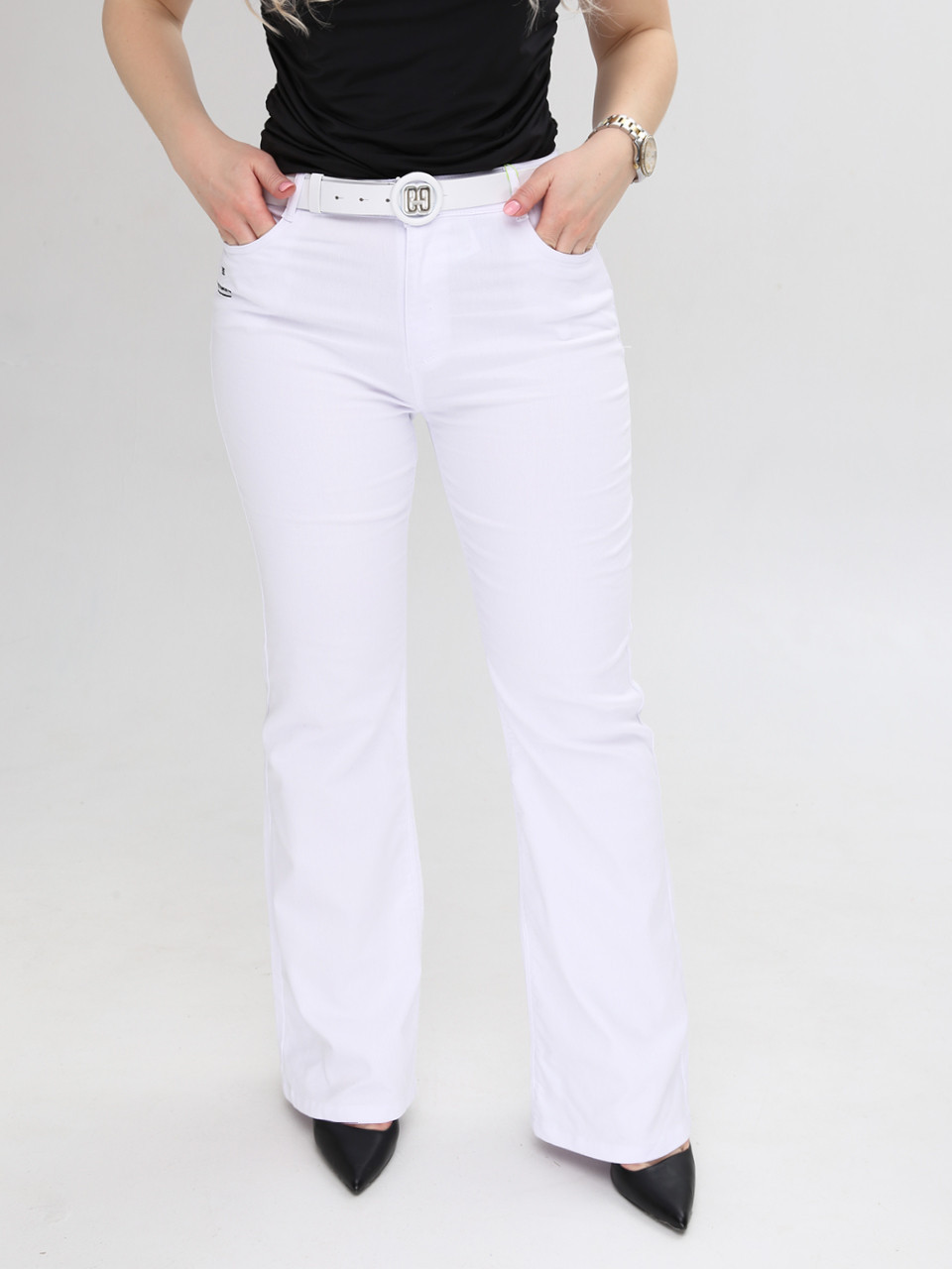 Брюки женские белые клеш с высокой посадкой  1342