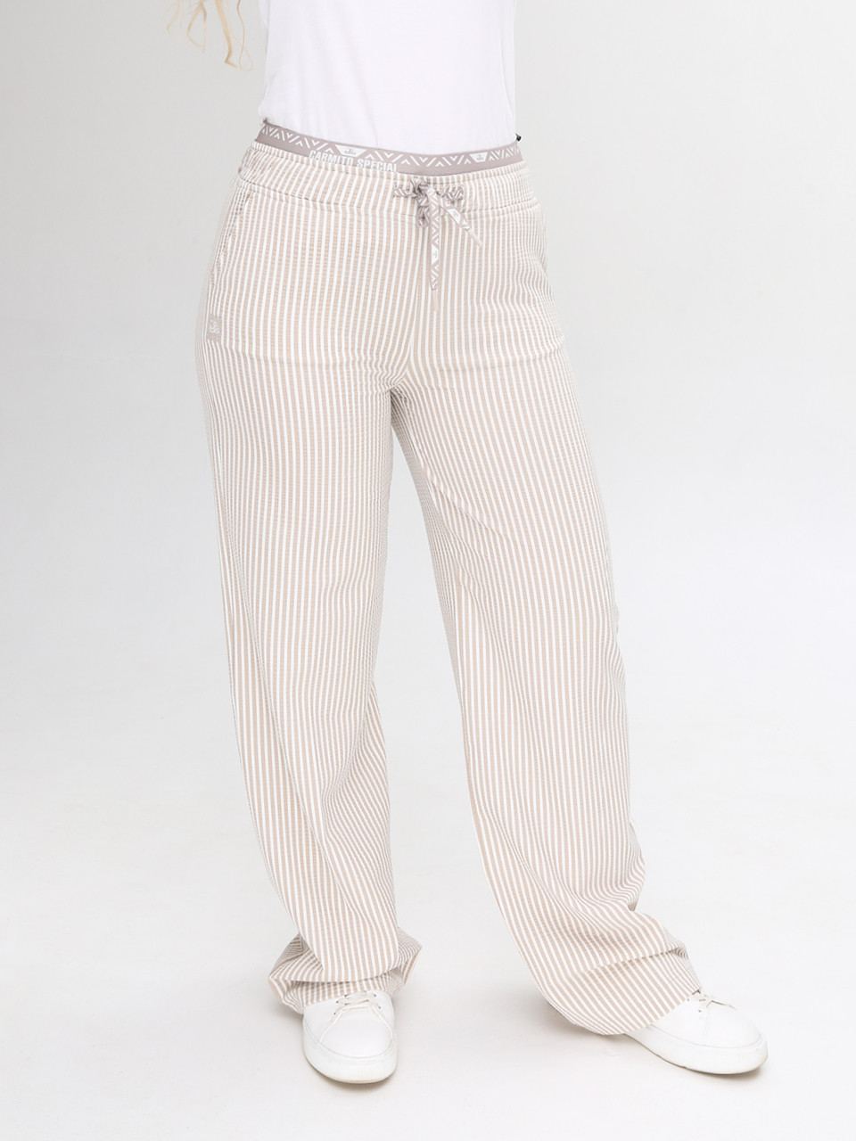 Штани жіночі бежеві тонкі в смужку палаццо на лаштунці 10187
