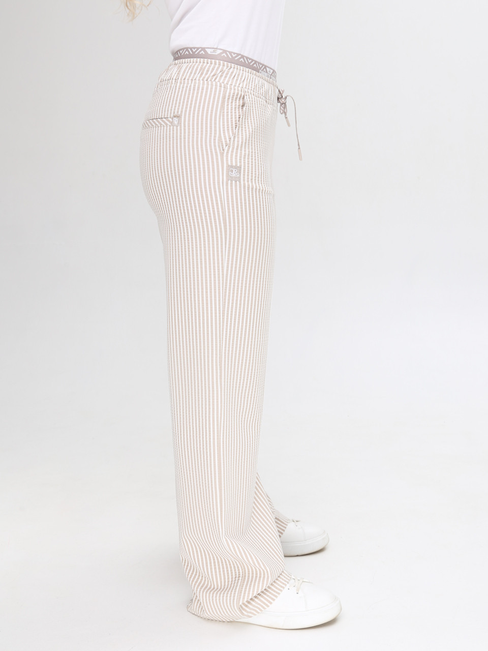 Штани жіночі бежеві тонкі в смужку палаццо на лаштунці 10187