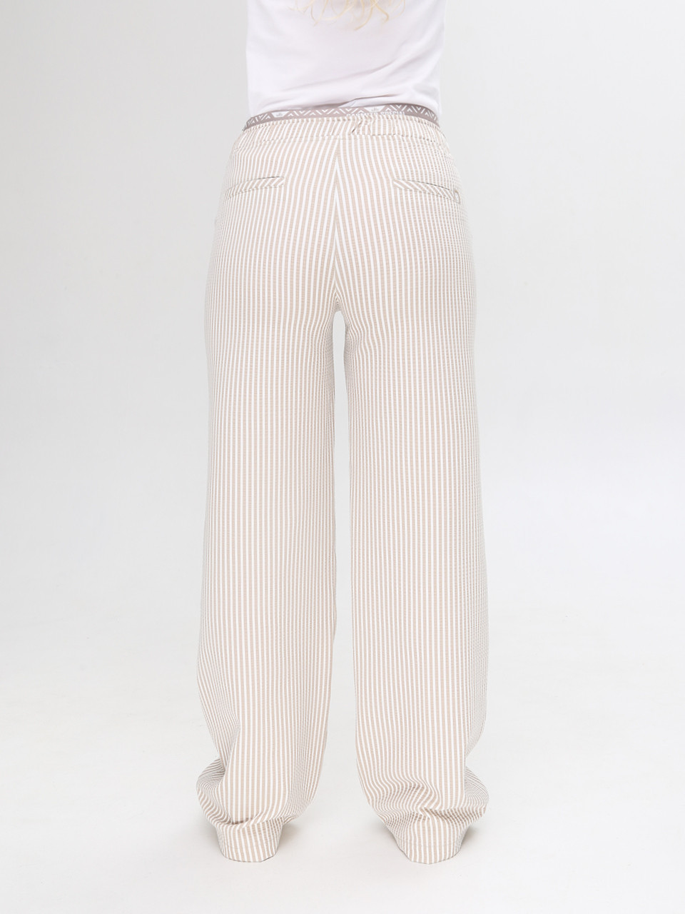 Штани жіночі бежеві тонкі в смужку палаццо на лаштунці 10187