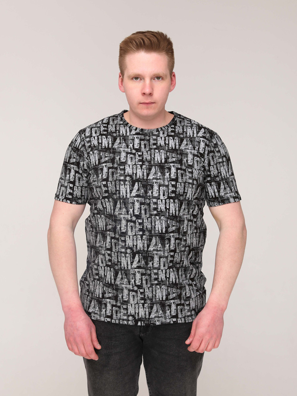 Футболка чоловіча чорна з написами пряма бавовна стрейч 7008-1