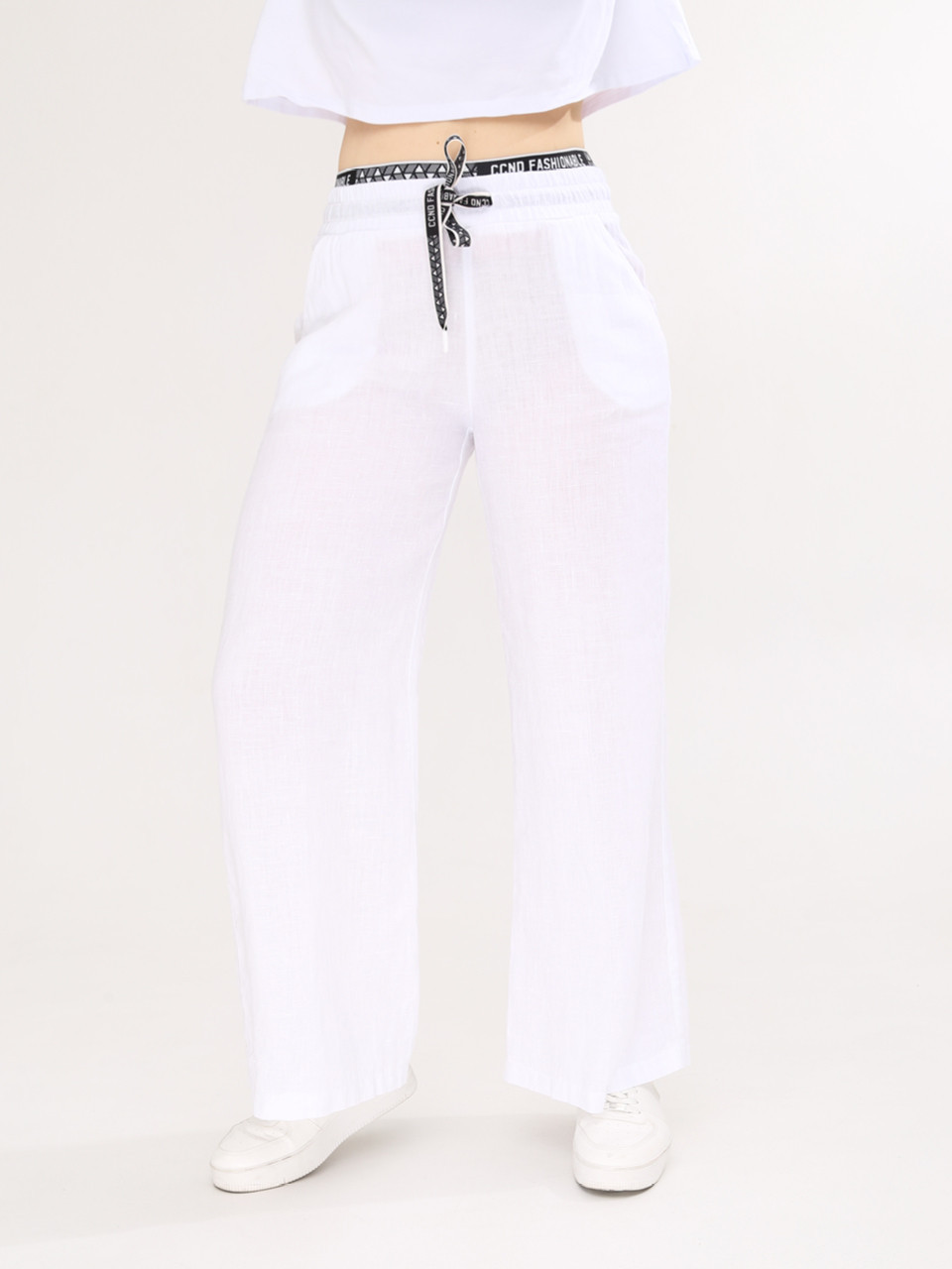 Штани жіночі білі лляні палаццо великий розмір 2225-В-2