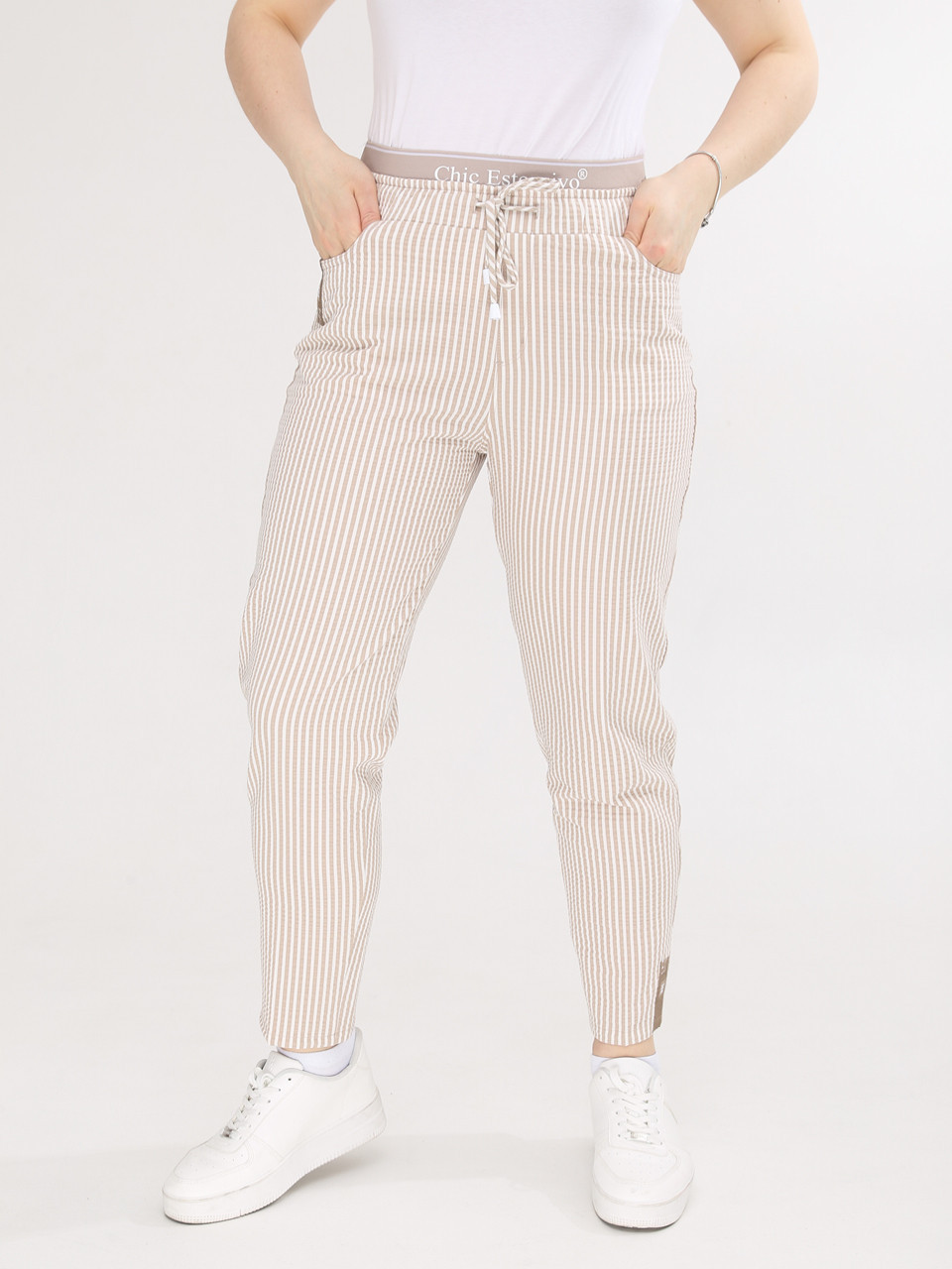 Штани жіночі бежеві в смужку МОМ літні на кулісці 1356