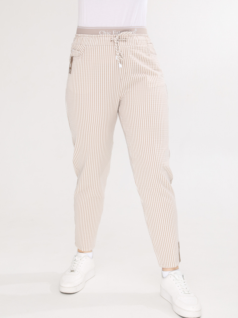 Штани жіночі бежеві в смужку МОМ літні на кулісці 1356