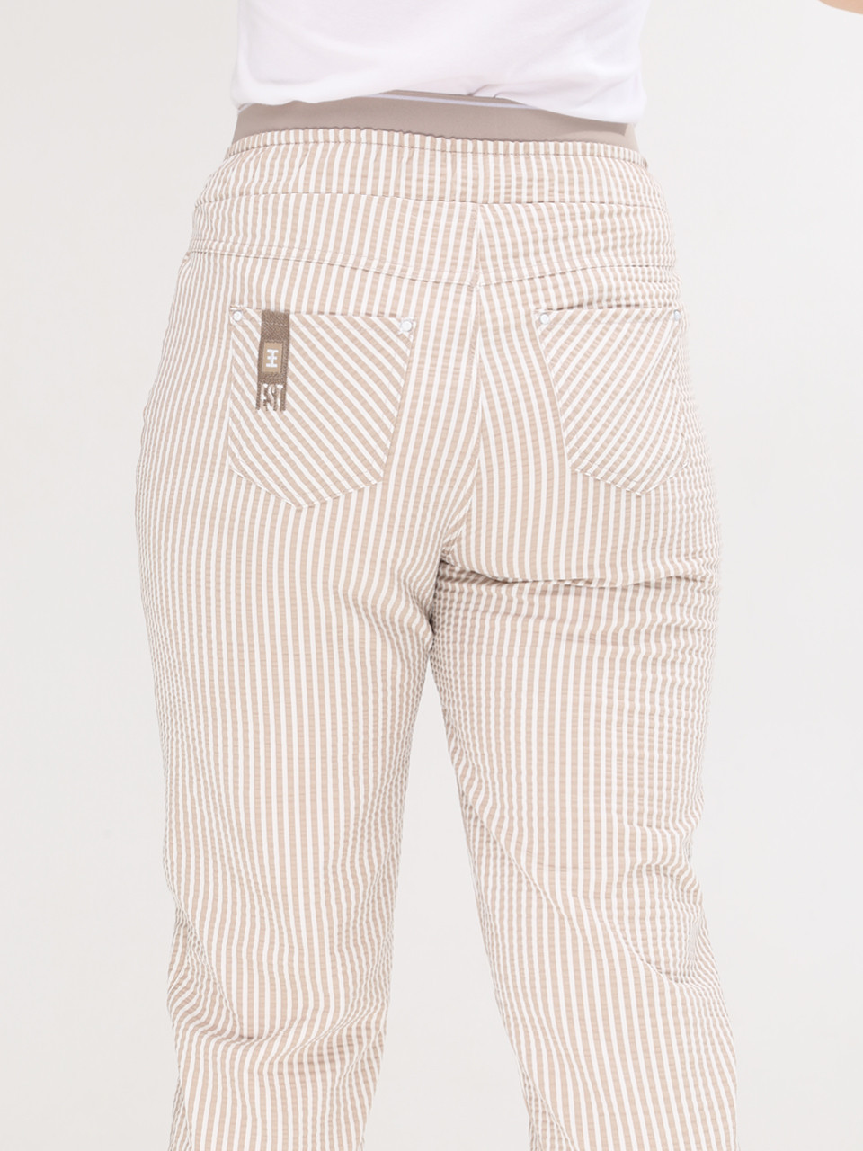 Штани жіночі бежеві в смужку МОМ літні на кулісці 1356