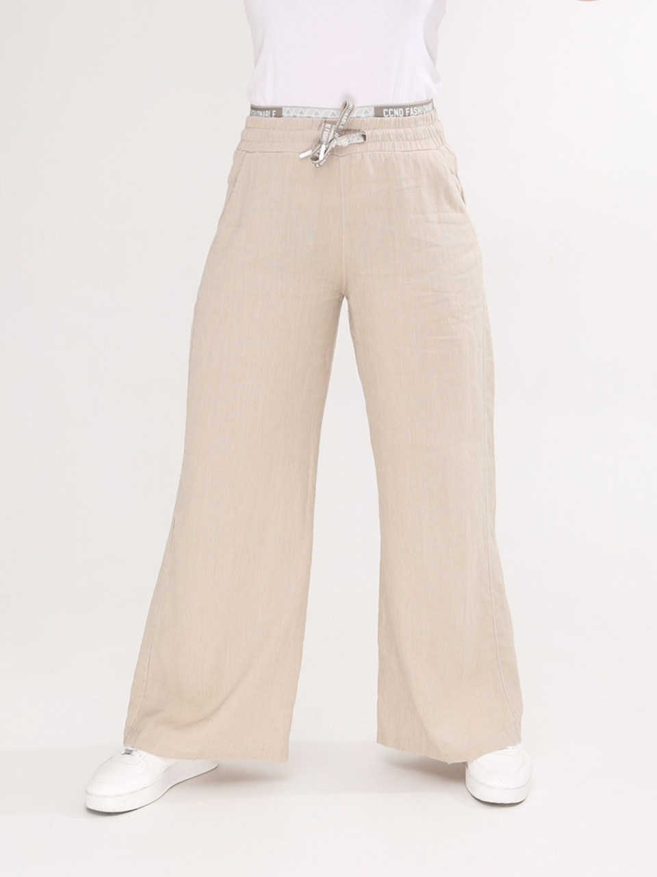 Штани жіночі бежеві лляні палаццо на кулісці 2225-1