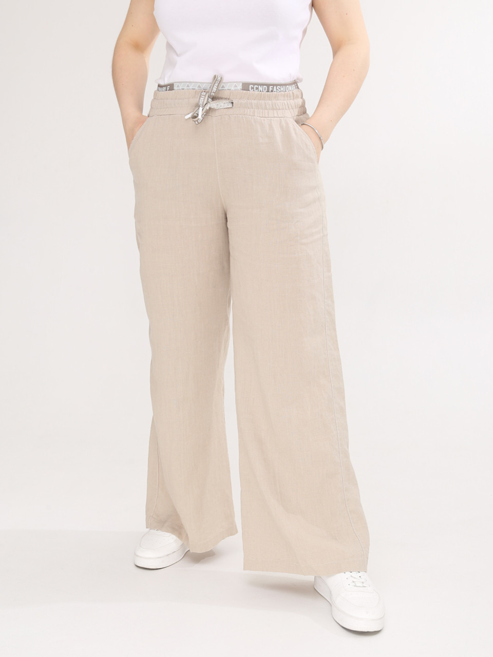 Штани жіночі бежеві лляні палаццо на кулісці 2225-1