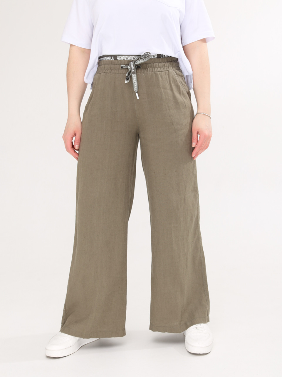Брюки женские хаки льняные палаццо на кулиске  2225-3