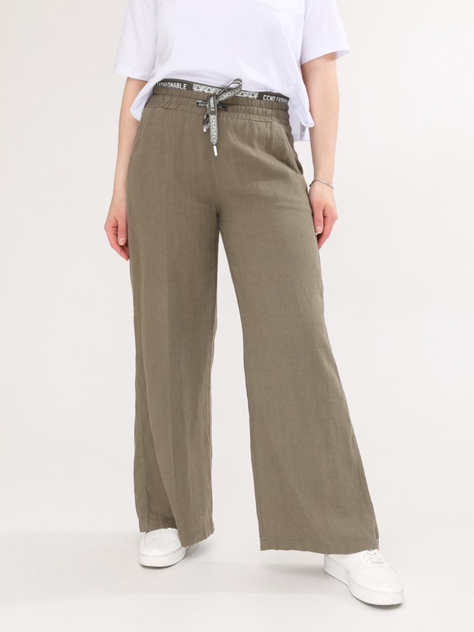 Брюки женские хаки льняные палаццо на кулиске  2225-3