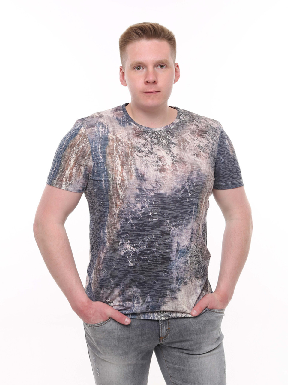 Футболка чоловіча бежево-синя з принтом 6201-3