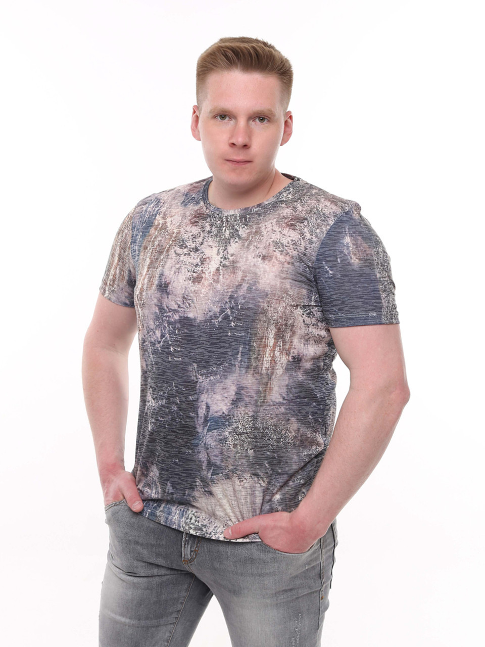 Футболка чоловіча бежево-синя з принтом 6201-3