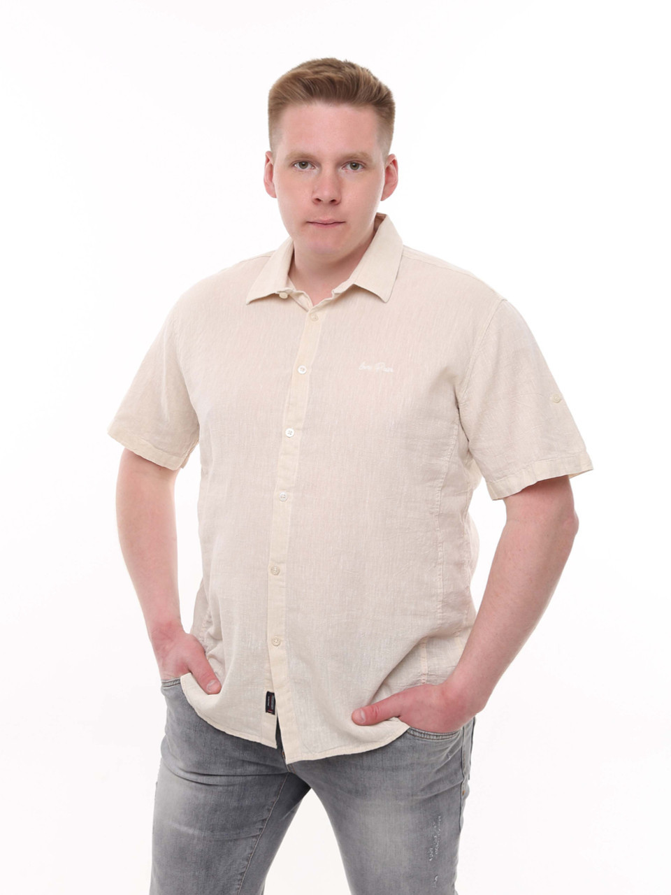 Сорочка чоловіча світло-бежева лляна пряма літня 6503-2