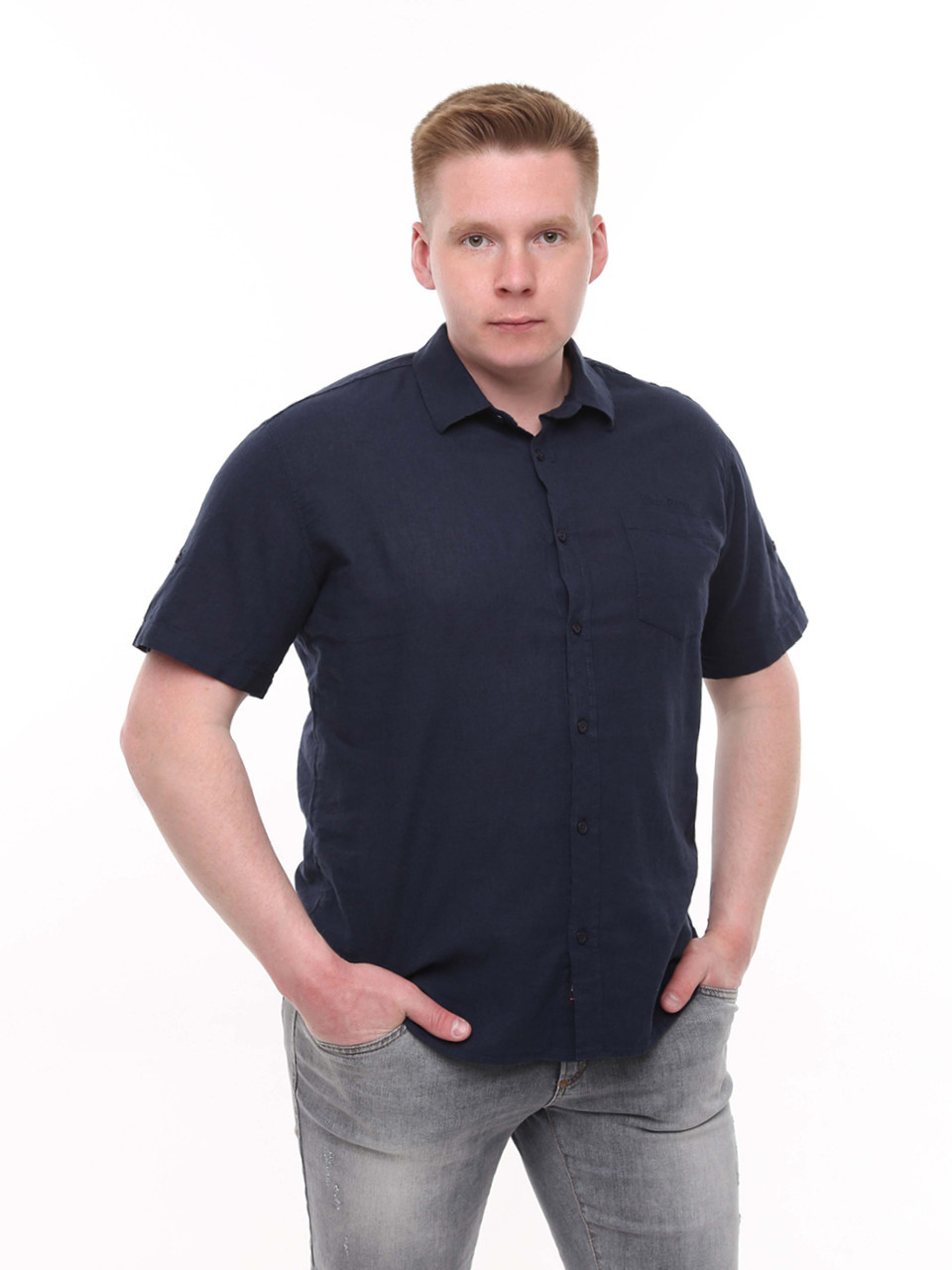 Сорочка чоловіча темно-синя лляна пряма літня 6528-2