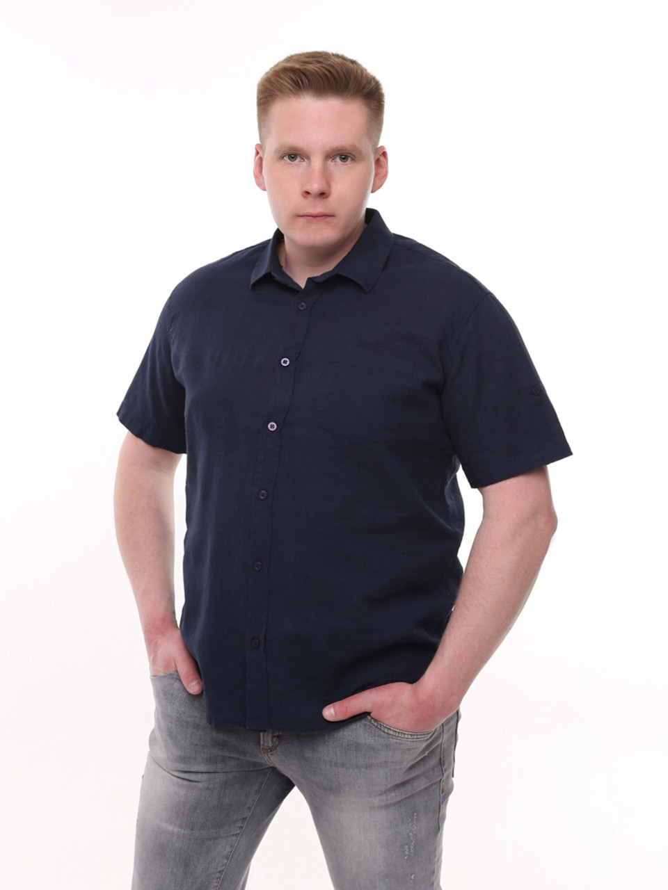 Сорочка чоловіча темно-синя лляна пряма літня 6528-2