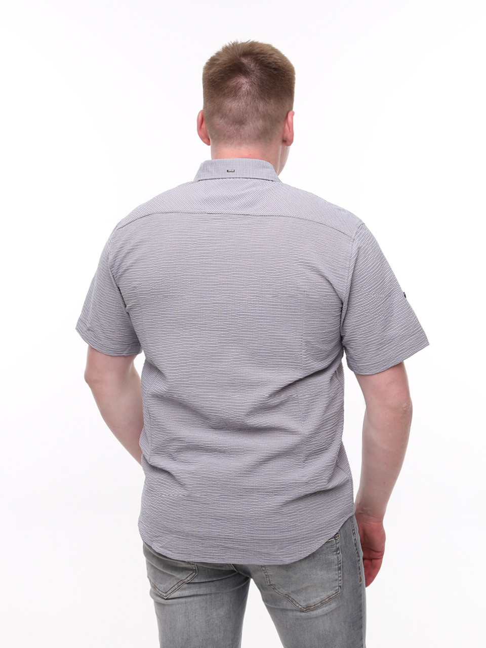 Рубашка мужская бежевая прямая в клетку со стрейчем 6515-3