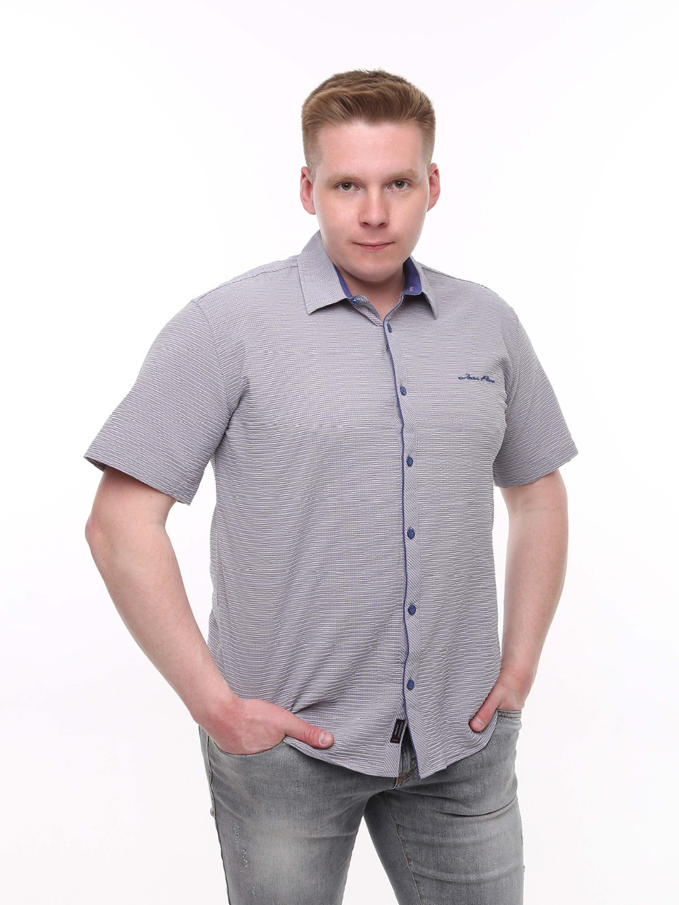 Рубашка мужская бежевая прямая в клетку со стрейчем 6515-3