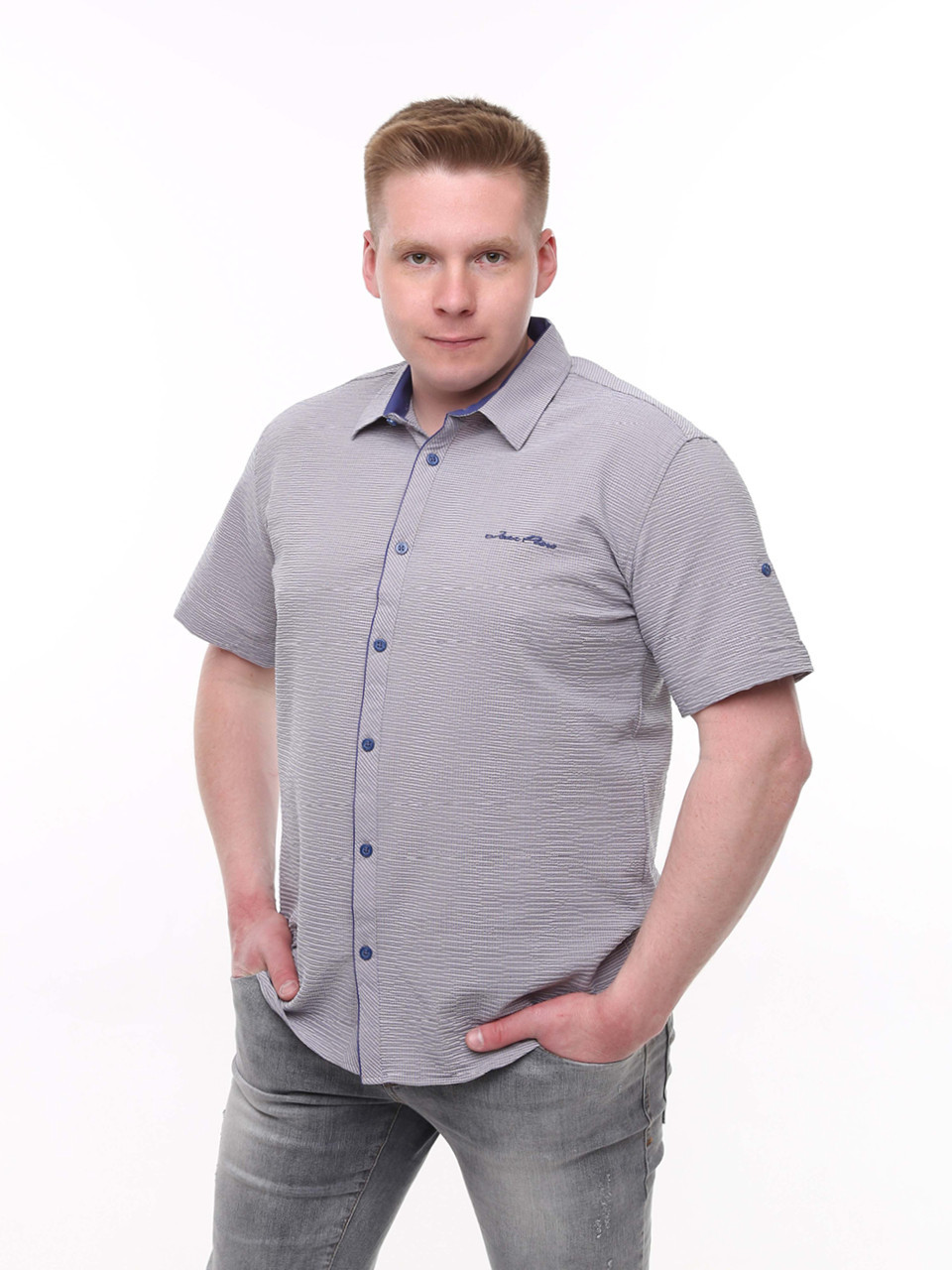 Рубашка мужская бежевая прямая в клетку со стрейчем 6515-3