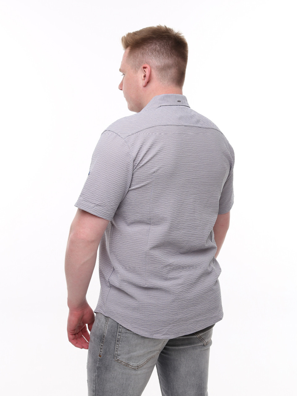 Рубашка мужская бежевая прямая в клетку со стрейчем 6515-3